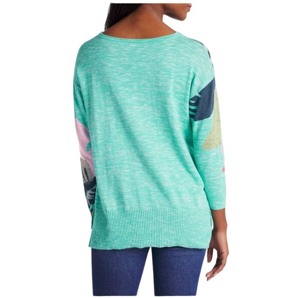 Nic+Zoe Womens Flower Sweater Sz L Cotton Linen Artsy Boho Chic Turquoise Blue - Picture 2 of 8